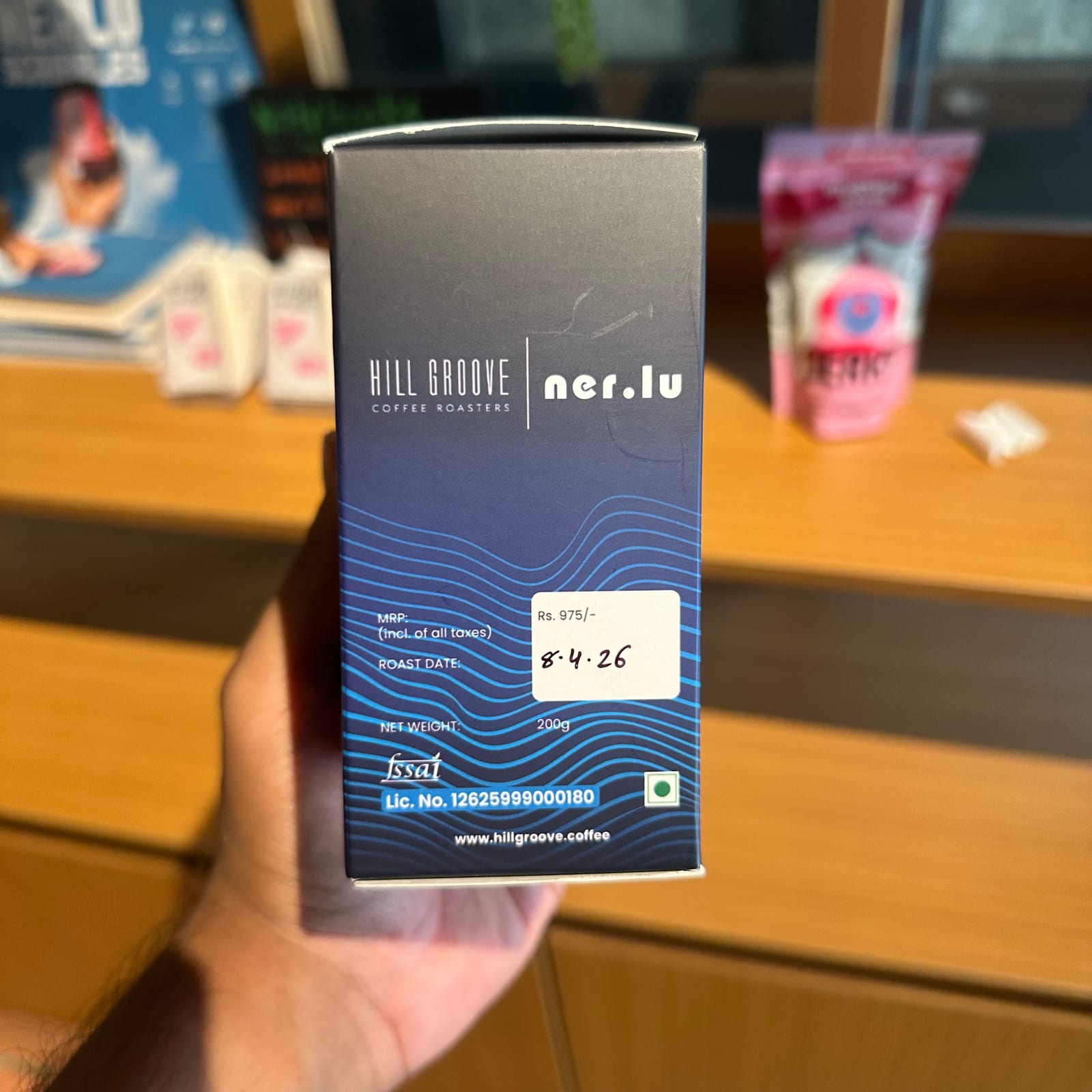 The Blue Note — side label with MRP, roast date, and net weight